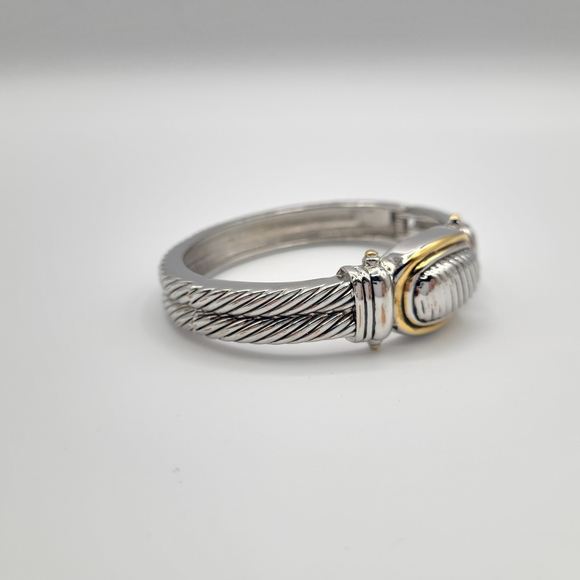 Vintage Two Tone Cable Hinged Bangle Bracelet Silver Gold Tone Chunky Cuff - Picture 6 of 14